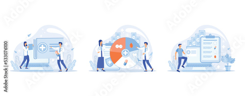Health care program, online medical services, protection medicine. Medical insurance, hospital services, preventive check up, sick leave certificate treatment diagnosis patients, set flat vector moder