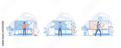 Vision statement, description of main business idea, business format, advantage over competitors. Company mission, intelligence, planning, sales management data, biz research, set flat vector modern i