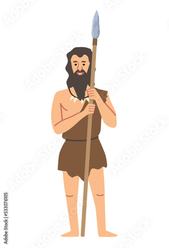 Primitive man with spear. Bearded guy in torn clothes stands and guards camp. Security, safety and protection. Graphic element for website. Character with weapon. Cartoon flat vector illustration