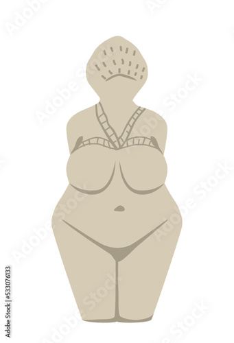 Ancient grey statue icon. Bust of plump young girl in jewelry and accessories. Traditions and religion, totem. History, paleontology, archeology and BC objects. Cartoon flat vector illustration