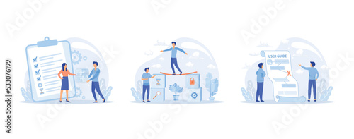 Customer experience, project delivery, beta testing, user guide. Software development, new product launch, technical helpdesk, set flat vector modern illustration