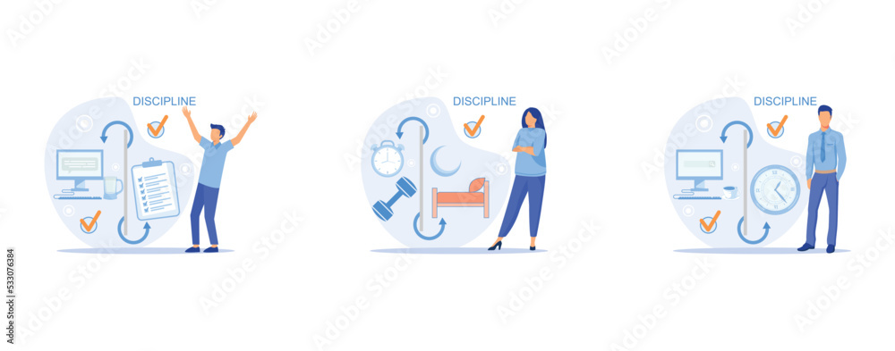 Discipline concept icon. Time management. Working day idea , Daily affairs of person, indicators of time for work, hobby, study, rest, set flat vector modern illustration Discipline concept icon. Time management. Working day idea , Daily affairs of person, indicators of time for work, hobby, study, rest, set flat vector modern illustration