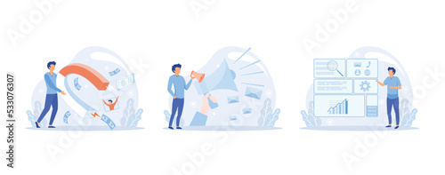 Inbound and outbound marketing technology. People work with advertising and promoting via Internet. Buyer acquisition, promotion strategy social media, set flat vector modern illustration