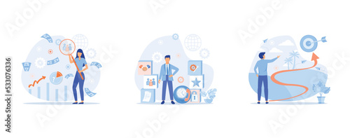 Business services, strategic planning, market research, project management, Teamwork to achieve goal and increase results and profits, set flat vector modern illustration