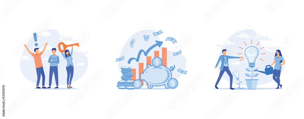 Work with business plan creation. Teamwork with idea of new project, planning startup. Business solution and financial investment, set flat vector modern illustration Work with business plan creation. Teamwork with idea of new project, planning startup. Business solution and financial investment, set flat vector modern illustration