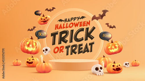 Halloween banner template with pumpkin and minimal podium pedestal product display background and Halloween Elements. Website spooky,Background or banner Halloween template