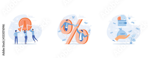 Dividend income and financial profitability. Return on investment chart, budget fund plan, revenue increase, accounting report, money bag income, pension saving account, set flat vector modern illustr