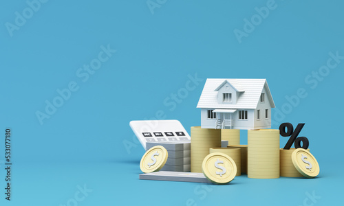 Real estate property investment or insurance. Home mortgage loan rate. Saving money for retirement concept. Coin stack on banknotes with color house model with calculator. 3d rendering illustration photo