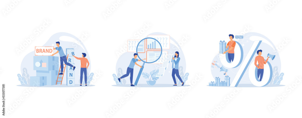 Company branding creation. Team build new brand. Promotion campaign. Competitor search and analysis. Market research and business strategy development. Product promotion sale, set flat vector modern i
