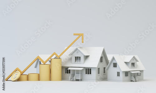 Real estate property investment or insurance. Home mortgage loan rate. Saving money for retirement concept. Coin stack on banknotes with color house model with calculator. 3d rendering illustration