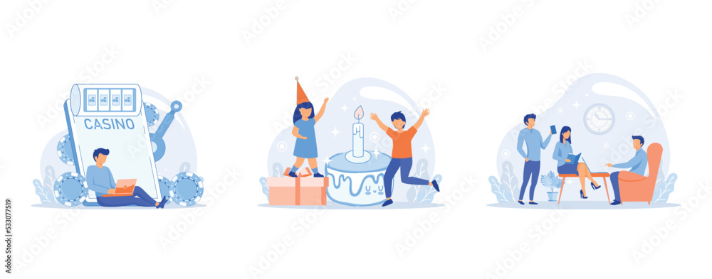 Slot machine abstract concept , Kids birthday abstract concept , Friends meeting abstract concept , set flat vector modern illustration Slot machine abstract concept , Kids birthday abstract concept , Friends meeting abstract concept , set flat vector modern illustration