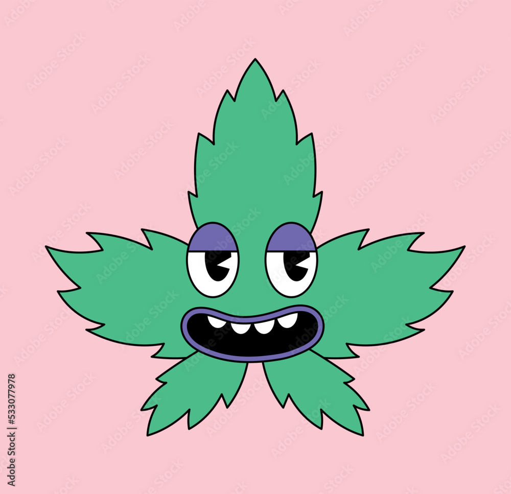 Psychedelic marijuana icon. Hallucinations, fantasy and imagination. Poster or banner for website, graphic element for printing on fabric. Positivity and optimism. Cartoon flat vector illustration