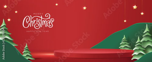 Merry Christmas banner with product display cylindrical shape and christmas tree paper cut style