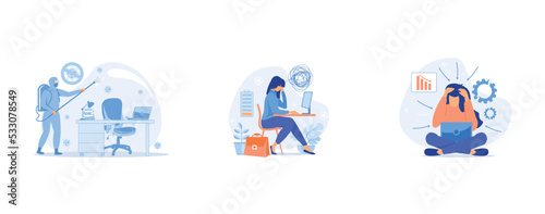 Commercial cleaning abstract concept , Emotional burnout abstract concept, Frustration abstract concept , set flat vector modern illustration
