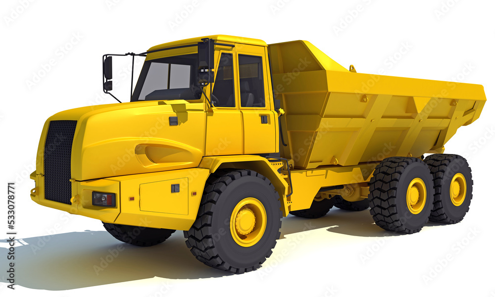 Dump Truck heavy construction machinery 3D rendering on white background