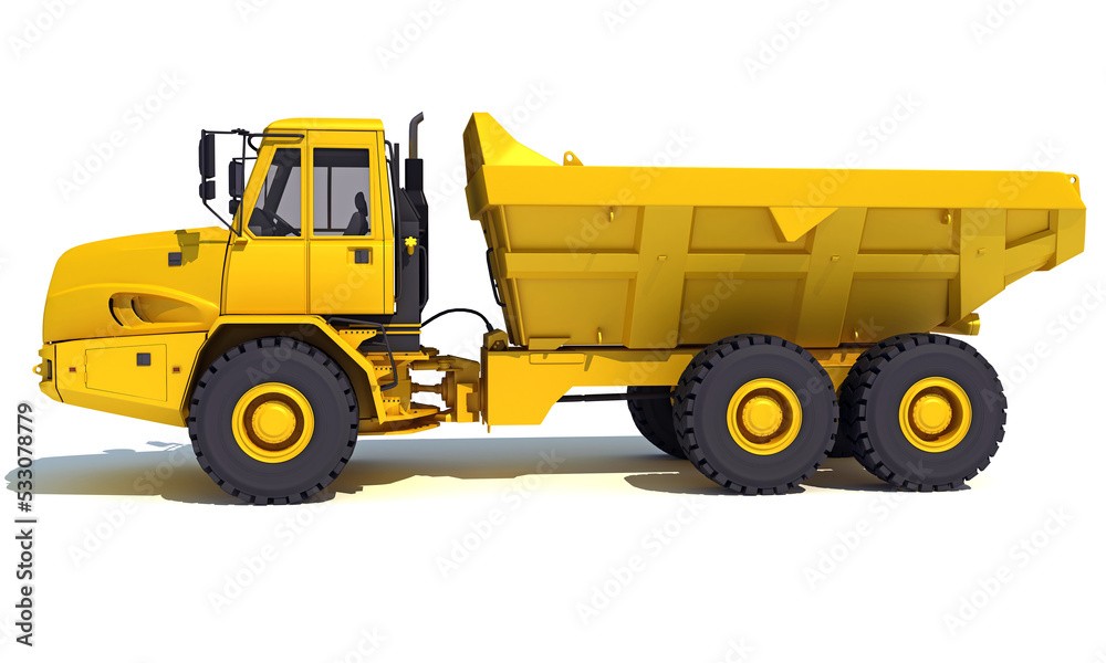 Dump Truck heavy construction machinery 3D rendering on white background