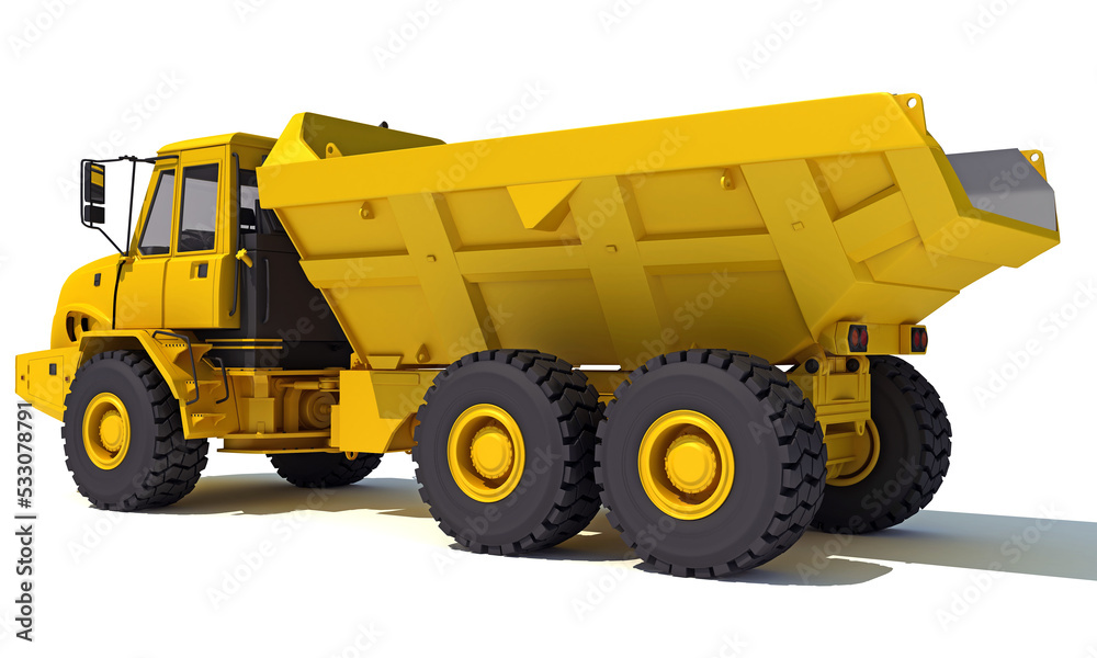 Dump Truck heavy construction machinery 3D rendering on white background