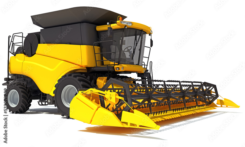 Obraz premium Combine Harvester farm equipment 3D rendering on white background