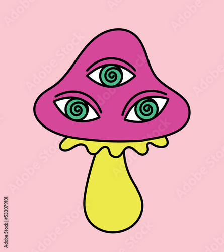 Psychedelic mushroom with eyes. Hallucinations, mental disorders, schizophrenia and paranoia. Graphic element for printing on fabric in old style. Back to 80s and 90s. Cartoon flat vector illustration