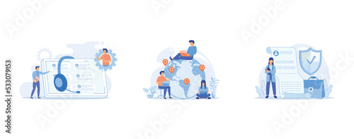Customer self-service abstract concept, Outsourcing abstract concept, Unemployment insurance abstract concept, set flat vector modern illustration