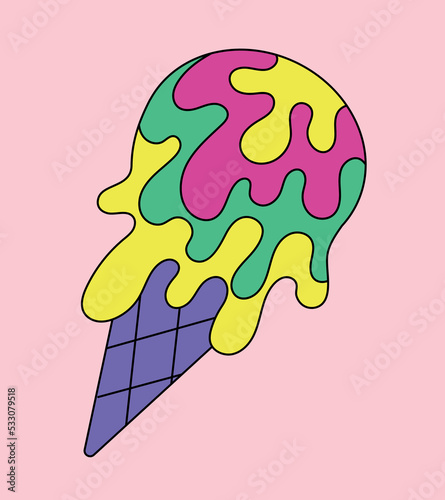 Psychedelic ice cream icon. Abstract poster or banner for website. Sweets, delicacy and dessert, gourmet. Fantasy, imagination, mental disorder and schizophrenia. Cartoon flat vector illustration