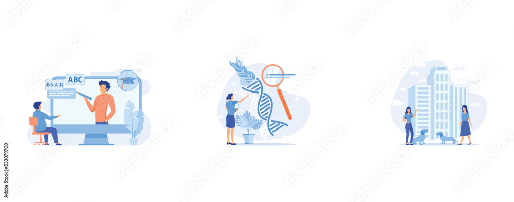 Fototapeta premium Foreign language workshop abstract concept , Genetically modified organism abstract concept, Pet in the big city abstract concept, set flat vector modern illustration
