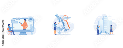 Foreign language workshop abstract concept , Genetically modified organism abstract concept, Pet in the big city abstract concept, set flat vector modern illustration