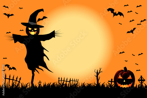 Happy Halloween Background with Scarecrow and Pumpkin Head. Halloween background with bats flying in the sky. All in a single layer. Vector illustration. Halloween wallpaper Scarecrow Scary.