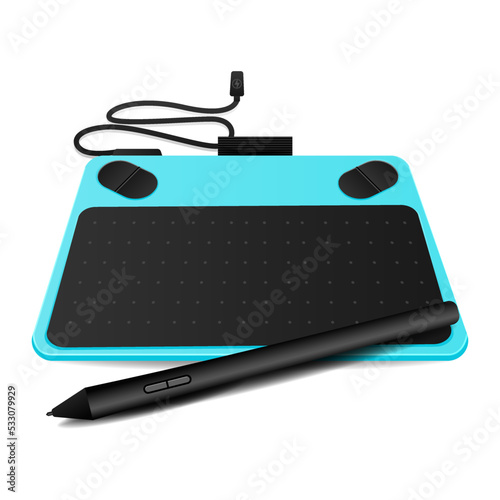 Realistic blue graphic tablet top view isolated on white background. 3d Graphic designer instrument for digital drawing, web design, graphics, photo retouch. Vector illustration