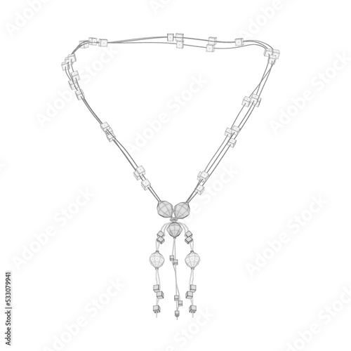 Necklace wireframe with stones from black lines isolated on white background. Front view. 3D. Vector illustration. photo