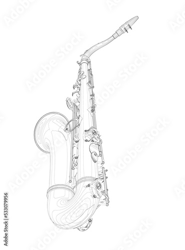 Saxophone outline from black lines isolated on white background. Perspective view. 3D. Vector illustration.