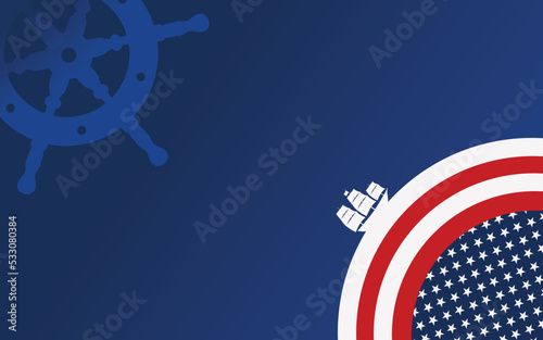 columbus day background with american flag surrounded by ships, ship steering and copy space area