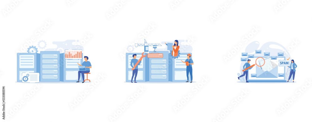 Data scientist, data analytics manager, database developer and administrator working, Engineers consolidating and structuring data in the center, Businessmen get advertising, phishing, spreading malwa - obrazy, fototapety, plakaty 