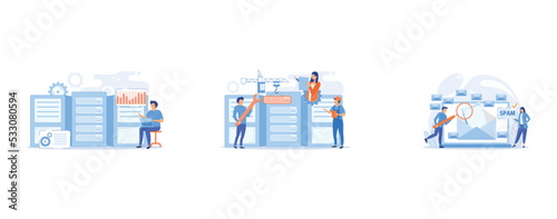 Data scientist, data analytics manager, database developer and administrator working, Engineers consolidating and structuring data in the center, Businessmen get advertising, phishing, spreading malwa