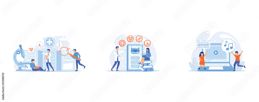 Fototapeta premium Doctors and personalized prescriptive analytics, Medical chatbot gives healthcare consultation to patient, Children at laptop listening to music with parental advisory label warning, set flat vector m