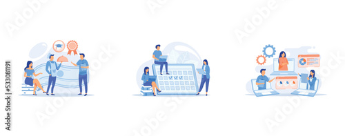 Restaurant quality certificate, Colleagues working together, International business partners video conference, set flat vector modern illustration