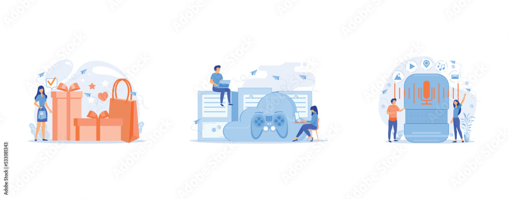 Gift card with bow and ribbon, gift box and woman loving shopping, Two gamers playing computer connected with joystick, Users buying smart speaker applications online, set flat vector modern illustrat
