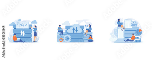 Two developers working with big data technology, Users with laptops working with database, Users working on laptops with data entry, set flat vector modern illustration