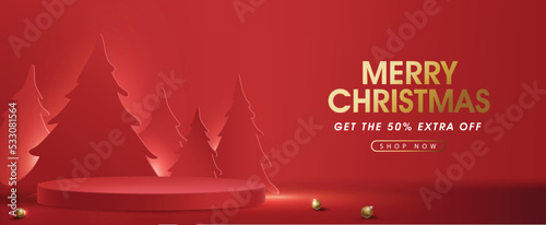 Merry Christmas sale banner with product display cylindrical shape and Christmas tree paper cut style