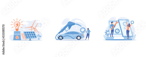 Eco friendly electricity, Eco friendly transport, healthy fuel, decaying combustible, Service technicians with big wrench repairing smartphone screen with gears, set flat vector modern illustration