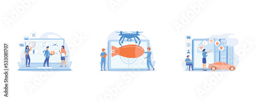 Used and refurbished electronics Internet store website, Soldiers and military drone armed with missile to attack enemy, People interacting with technology, set flat vector modern illustration