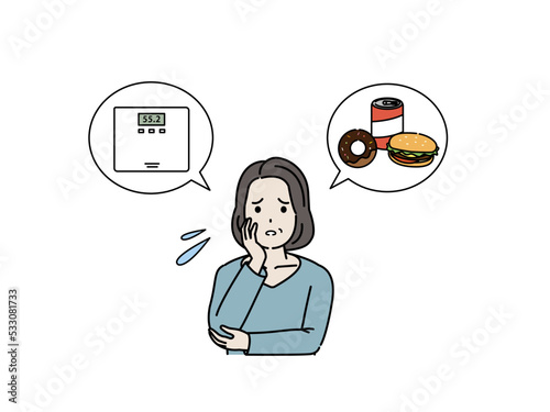 体重を気にする中年の女性　ミドル　中年太り　肥満　イラスト