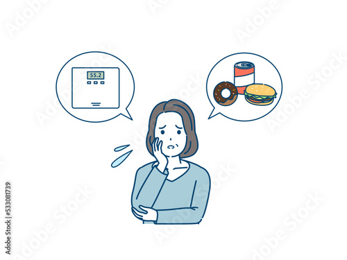 体重を気にする中年の女性　ミドル　中年太り　肥満　イラスト