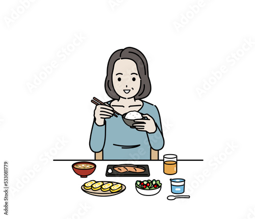 食生活　朝食を食べる　中年の女性　ミドル　健康的な食事　自炊　イラスト