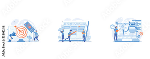 Businessman with remote control watching targeted TV ads, Tiny business people and manager at tasks and goals accomplishment chart, Controller reading regulations to robot, set flat vector modern illu
