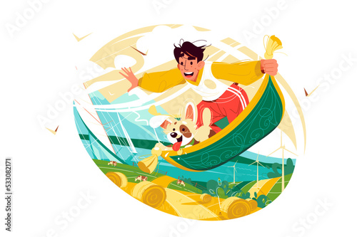 Male character with dog flying on magic carpet