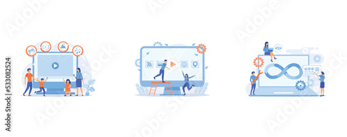 Tiny people family with kids watching smart television content, Pinkish coral, Programmers working on project, set flat vector modern illustration