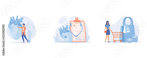 Hearing screening abstract concept, Hypertension abstract concept , Purchasing habits abstract concept, set flat vector modern illustration