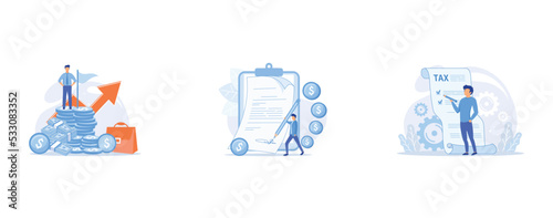 Profitable company director, Man with pen writing signature on document, Income statement web icon, set flat vector modern illustration