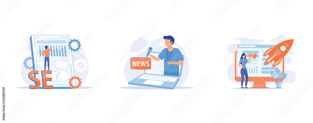 Search engine optimization, Mass media, Creative idea flat icon, set flat vector modern illustration Search engine optimization, Mass media, Creative idea flat icon, set flat vector modern illustration